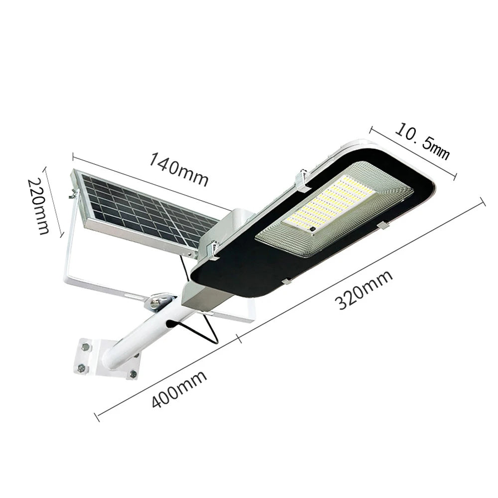 A solar street light fixture mounted on a pole, featuring a solar panel and an LED light, with various dimensions marked.