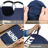 A navy blue foldable laundry bag with padded handles and an aluminum grip is shown in various contexts.