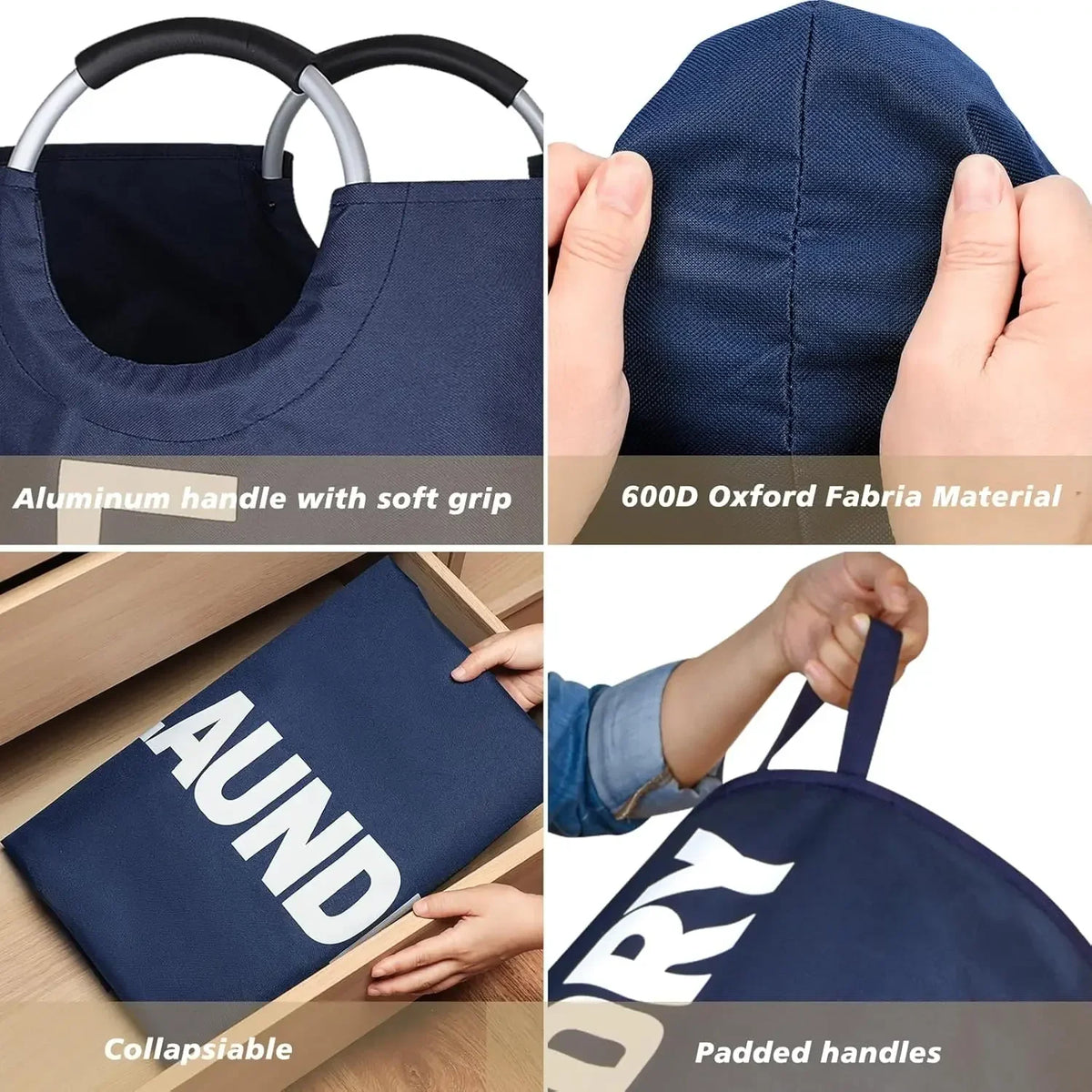 A navy blue foldable laundry bag with padded handles and an aluminum grip is shown in various contexts.
