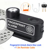 Black fingerprint unlock alarm disc lock device with a reminder cable and key set