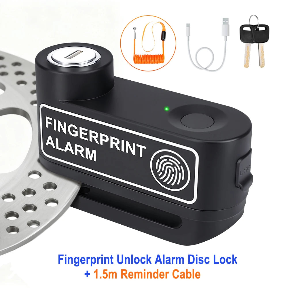 Black fingerprint unlock alarm disc lock device with a reminder cable and key set