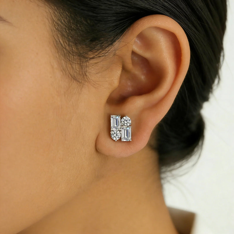 Round & Emerald Cut Moissanite Stud Earrings in Sterling Silver