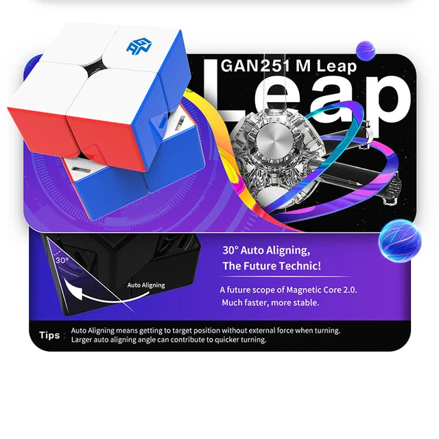 A close-up of the GAN251 M Leap magnetic speed cube showing its components and branding.