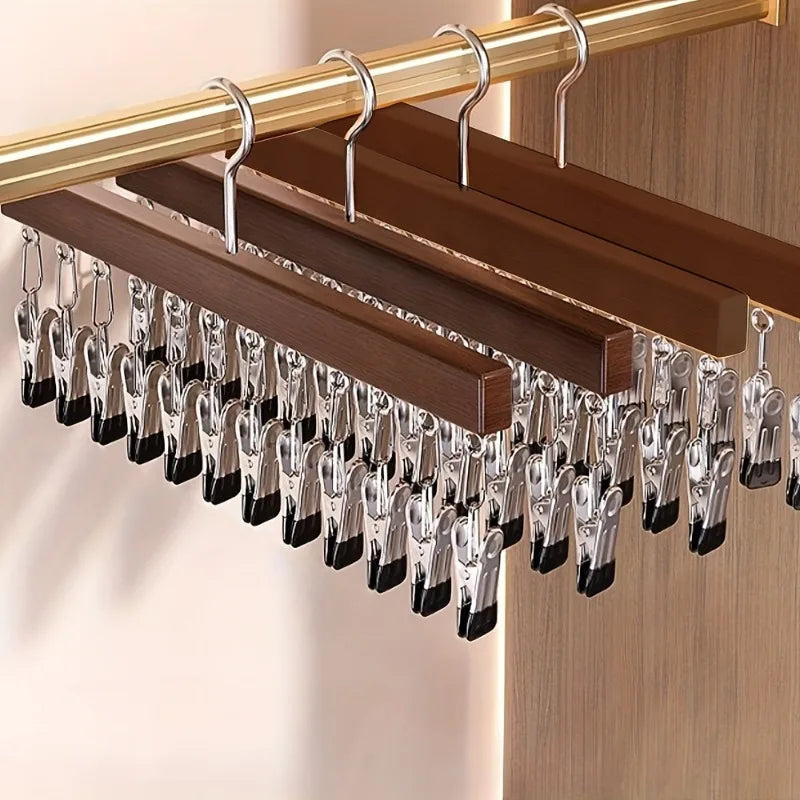 Wooden Multi-Clip Garment Hanger for Closet Organization
