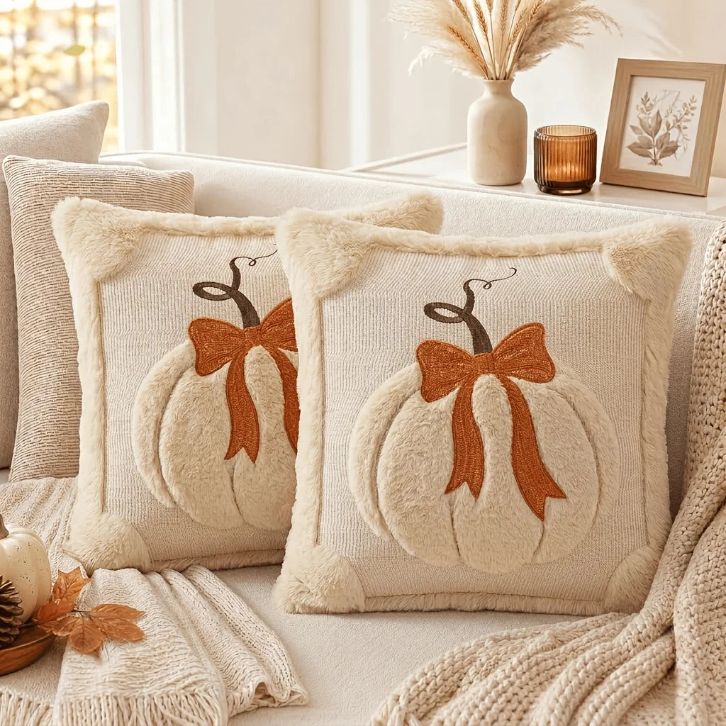 Set of 2 Autumn Pumpkin Throw Pillow Covers with 3D Jacquard Design