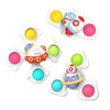 A set of baby suction cup spinner toys with rattling sensory beads in various colors and shapes.