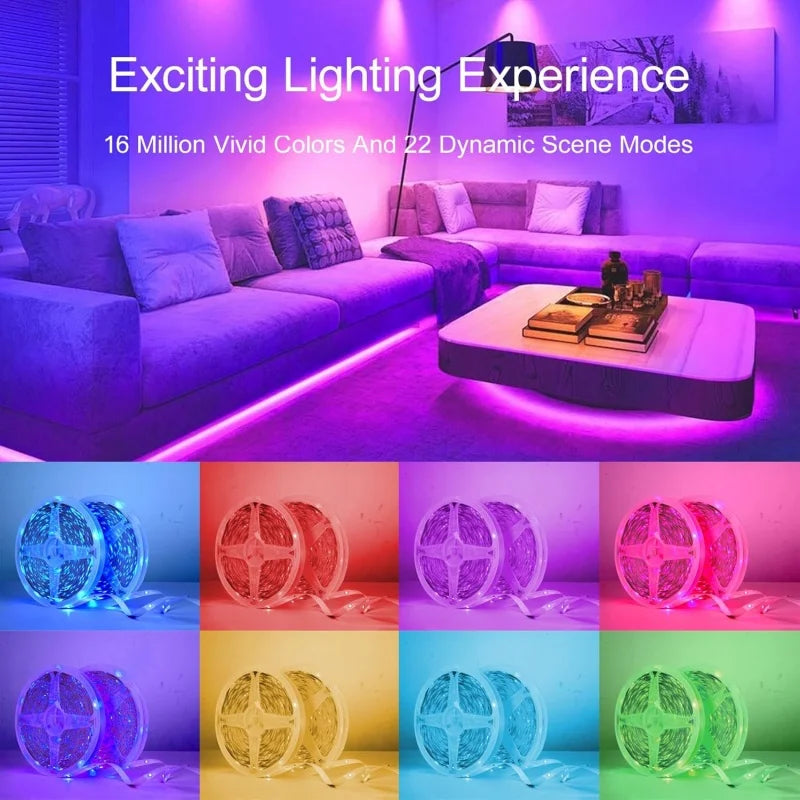 A display of various smart music-sync LED strip lights with app and remote control features.