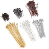 A collection of ball head pins in various colors including bronze, black, and gold-plated brass, arranged for jewelry making.