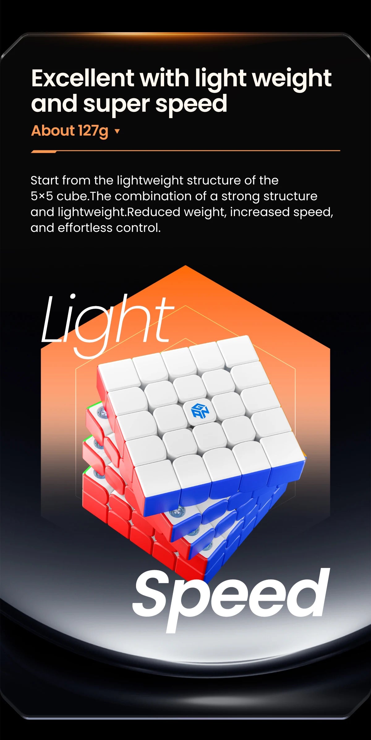 A white and red magnetic cube is shown with text highlighting light weight and super speed.