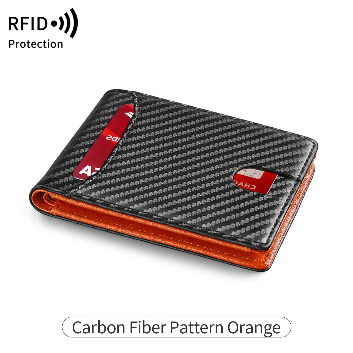 A black leather bifold wallet with a carbon fiber pattern and orange trim, featuring RFID protection.