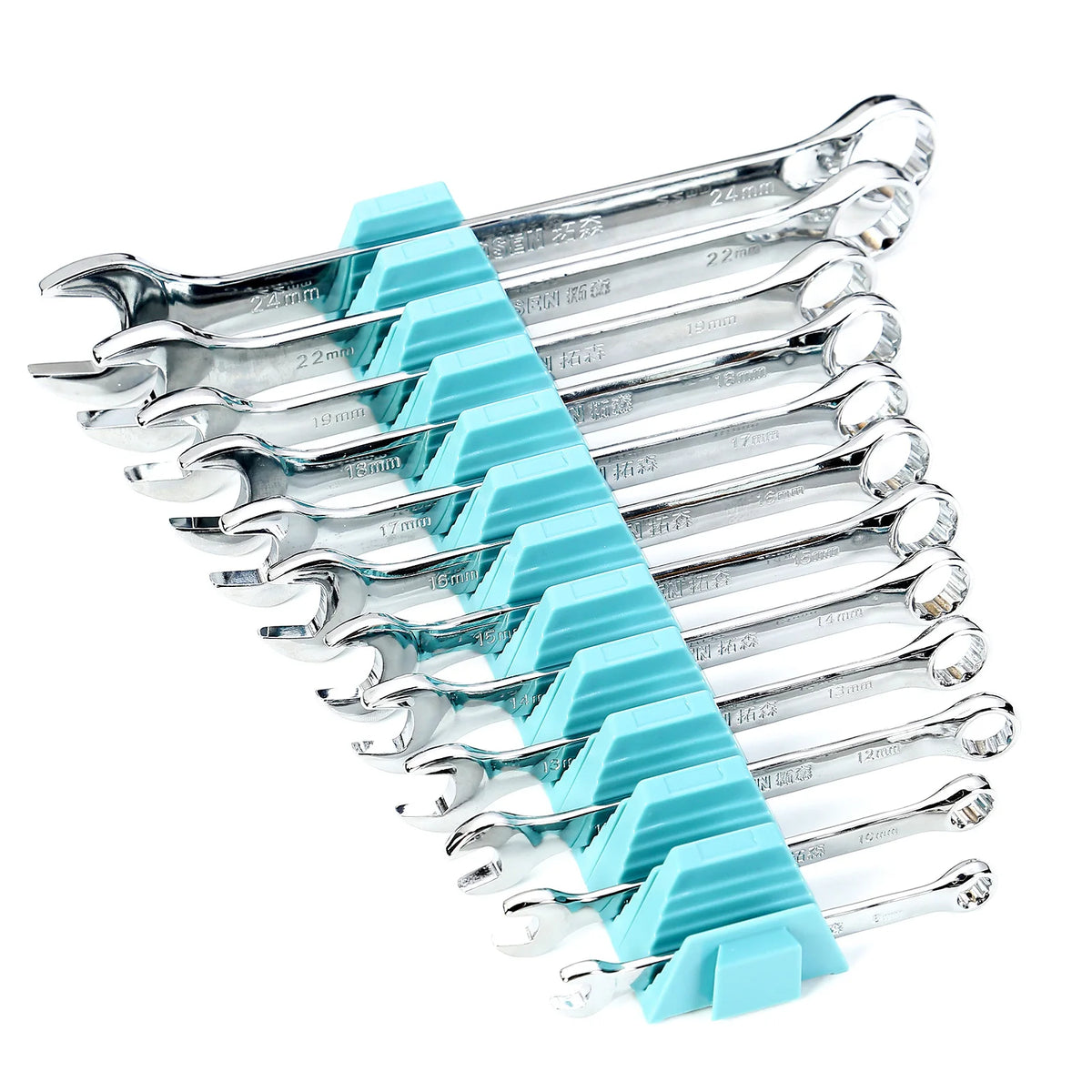 A set of modular magnetic wrenches in silver and light blue plastic organized for tool drawers.