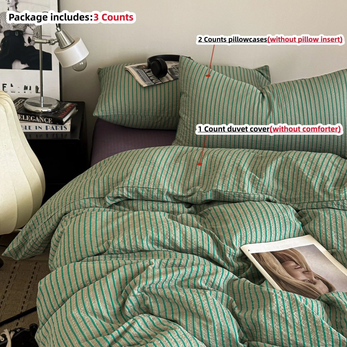 A set of green and white striped bedding includes a duvet cover, three pillowcases, and two pillowcases without inserts.