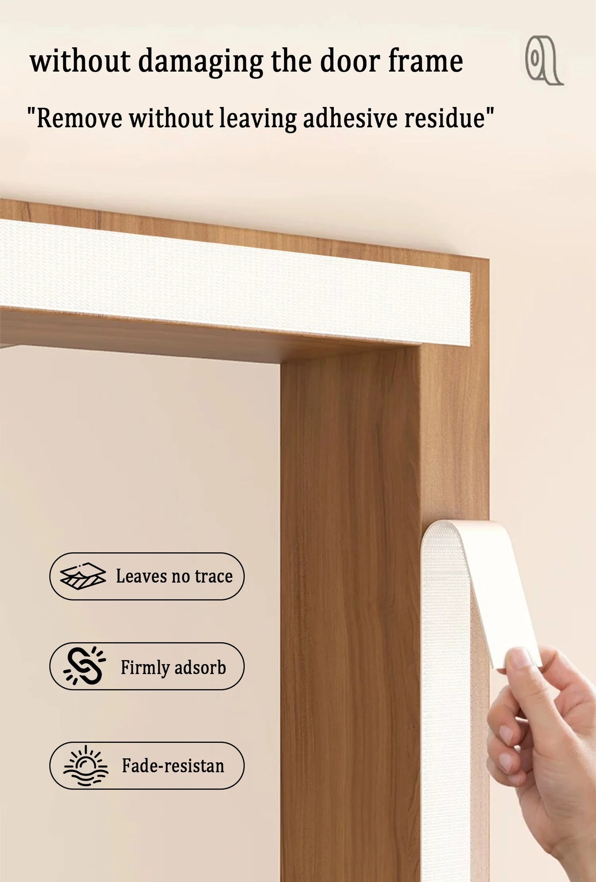 A hand is removing a white magnetic screen door from a wooden door frame, demonstrating its ability to leave no trace and fir