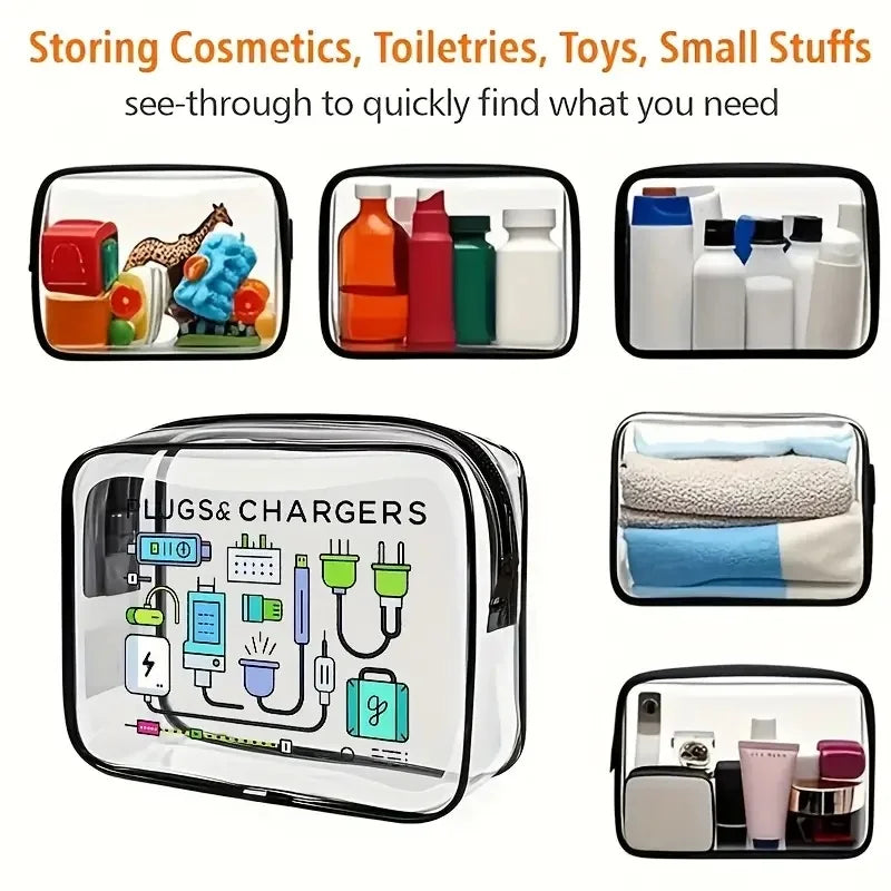 A clear plastic zipper tote organizer showing various cosmetics, toiletries, toys, and small items.