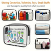 A clear plastic zipper tote organizer showing various cosmetics, toiletries, toys, and small items.
