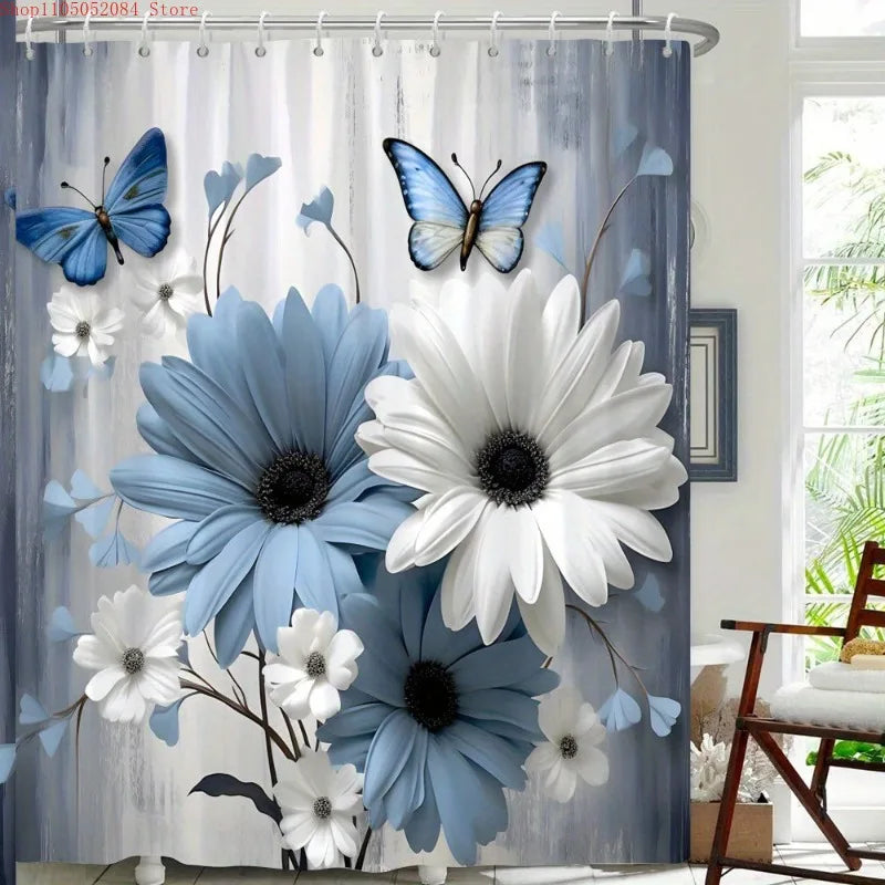 Blue & White Daisy Butterfly Shower Curtain with Hooks