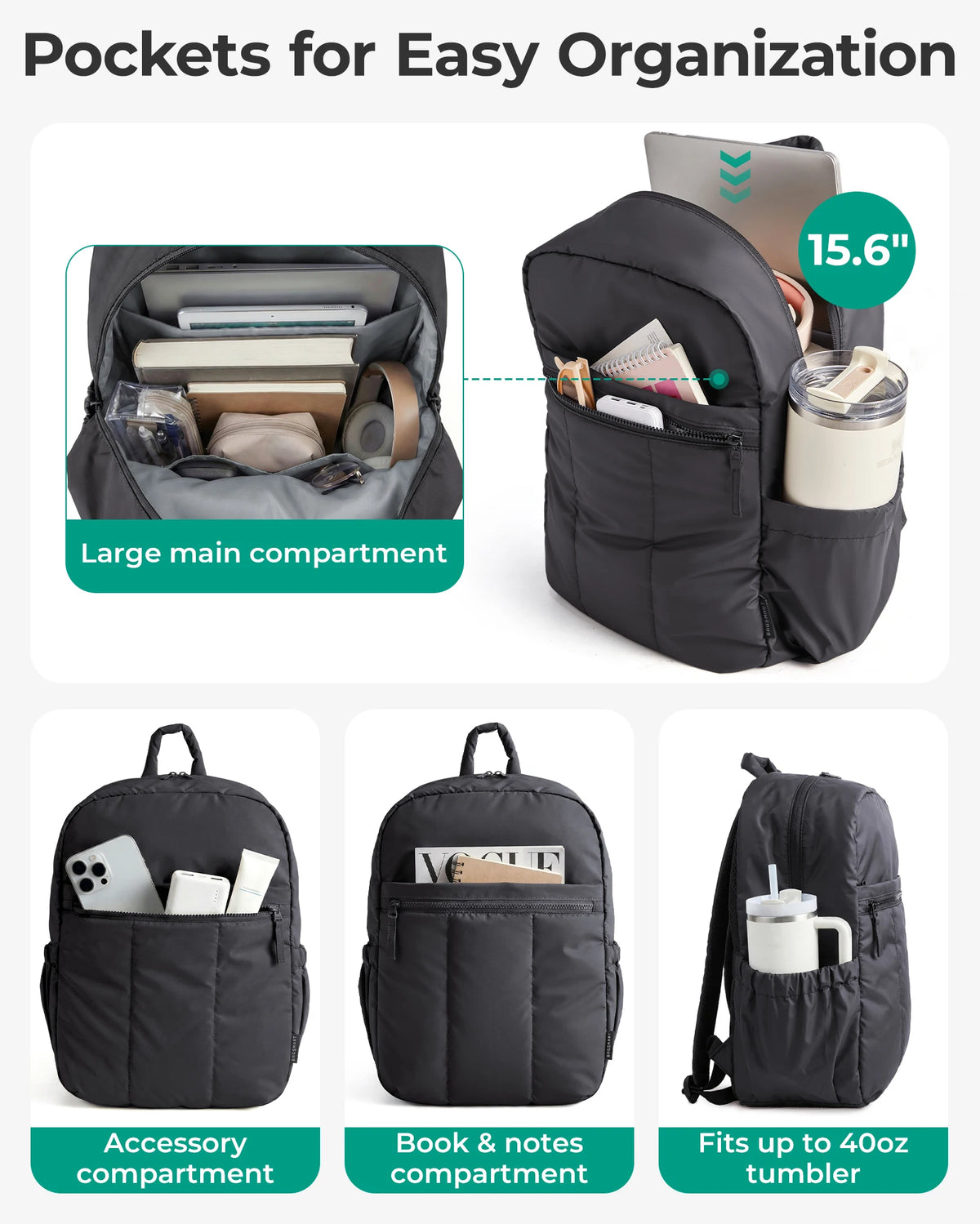 Black laptop backpack featuring multiple pockets for organization including a main compartment, accessory pocket, book and no
