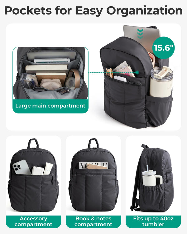 Black laptop backpack featuring multiple pockets for organization including a main compartment, accessory pocket, book and no