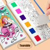 A portable watercolor painting book with a brush showing various colored paint squares and illustrations.
