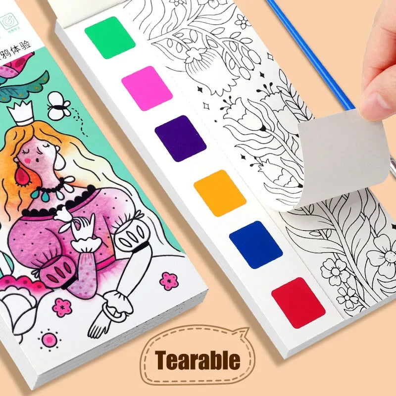 A portable watercolor painting book with a brush showing various colored paint squares and illustrations.