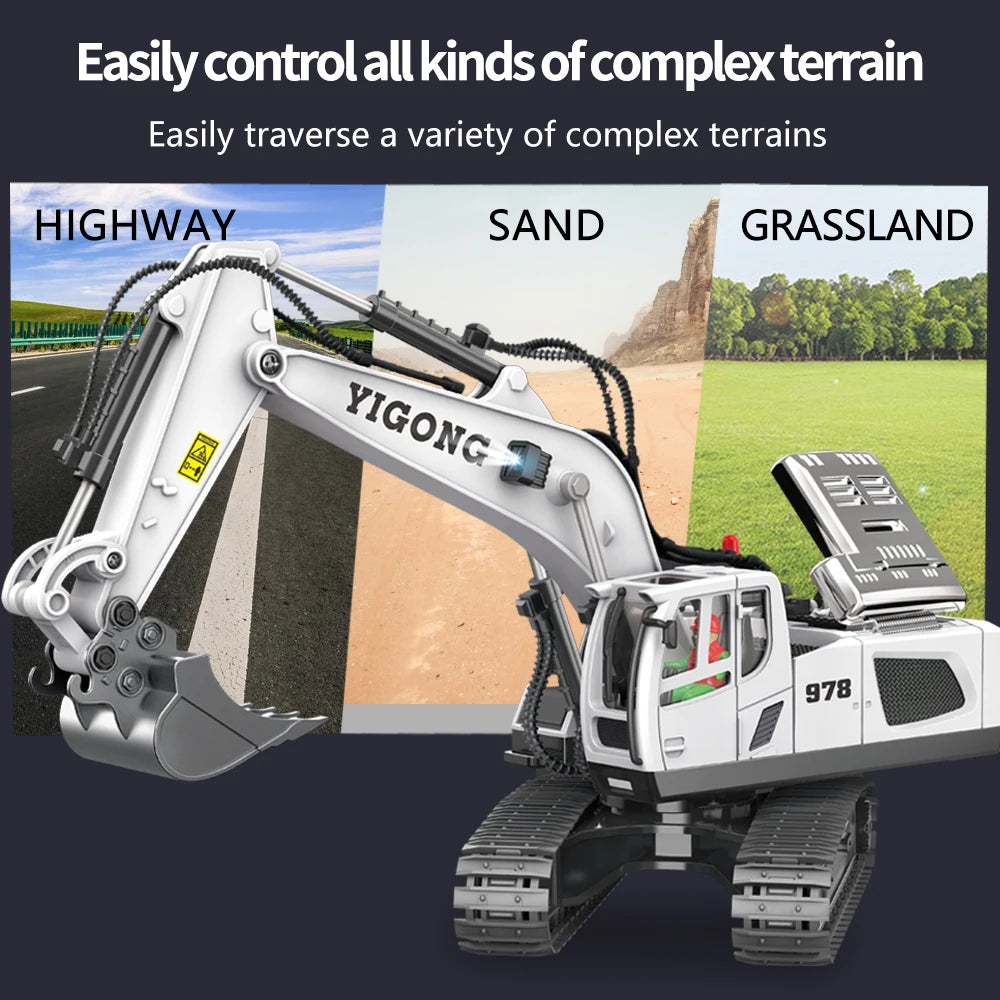 A white YIGONG remote controlled excavator traversing complex terrain like highway, sand, and grassland.