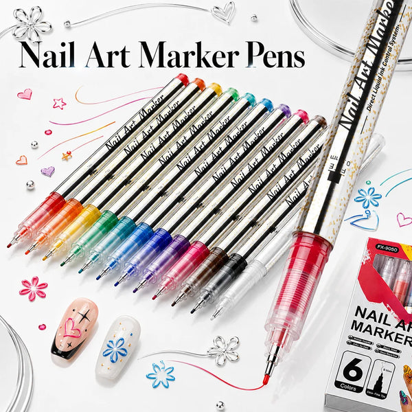 A set of waterproof nail art marker pens in various colors and tips displayed on a white background.