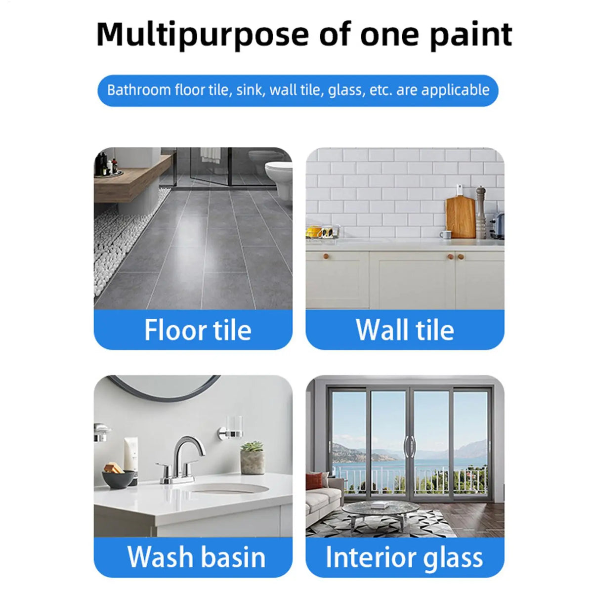 A set of multipurpose paint for bathroom tiles, including floor tile, wall tile, wash basin, and interior glass.