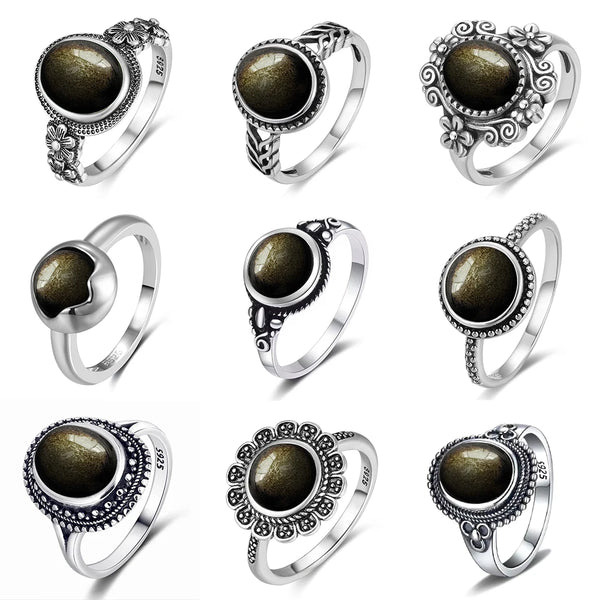 Vintage Sterling Silver Obsidian Ring with Sun and Flower Motif