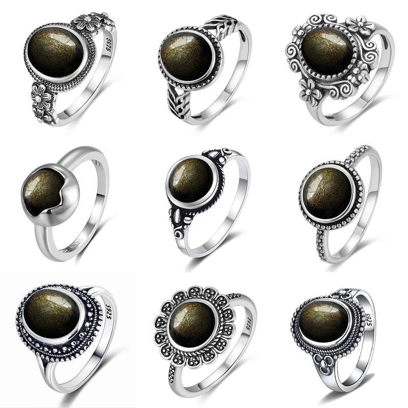 Vintage Sterling Silver Obsidian Ring with Sun and Flower Motif