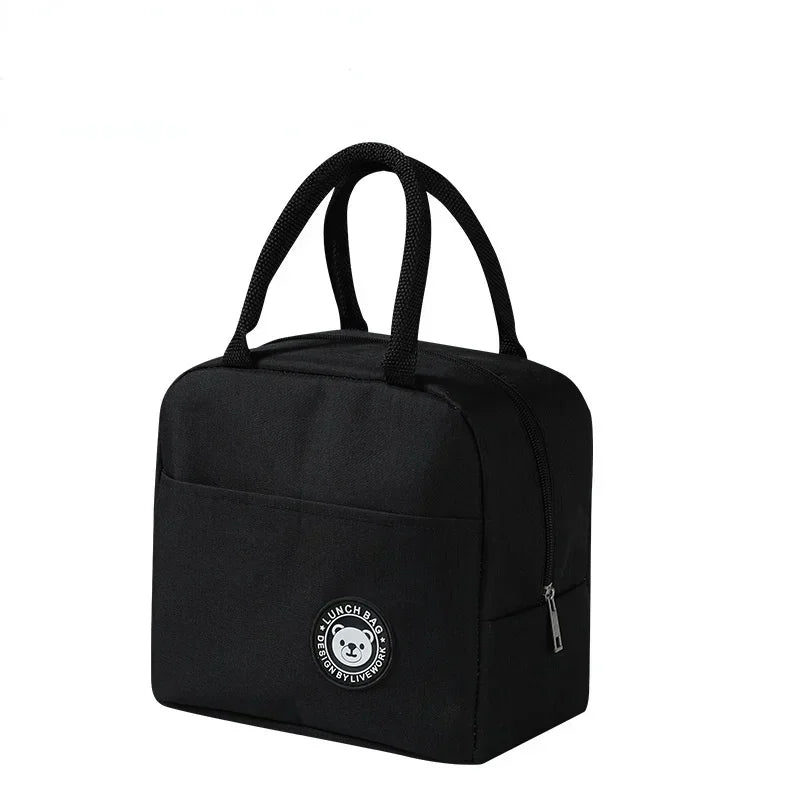 Black insulated lunch bag with handles and a zipper for thermal cooler meals on the go
