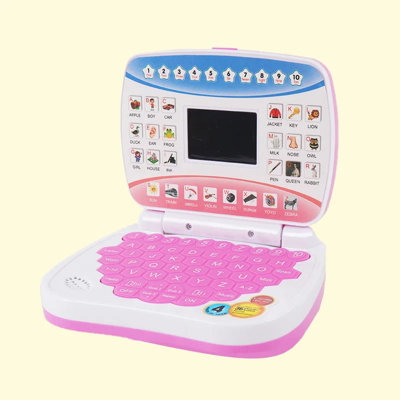 A pink mini educational laptop toy with an LED display and various letter and object icons on the keys.