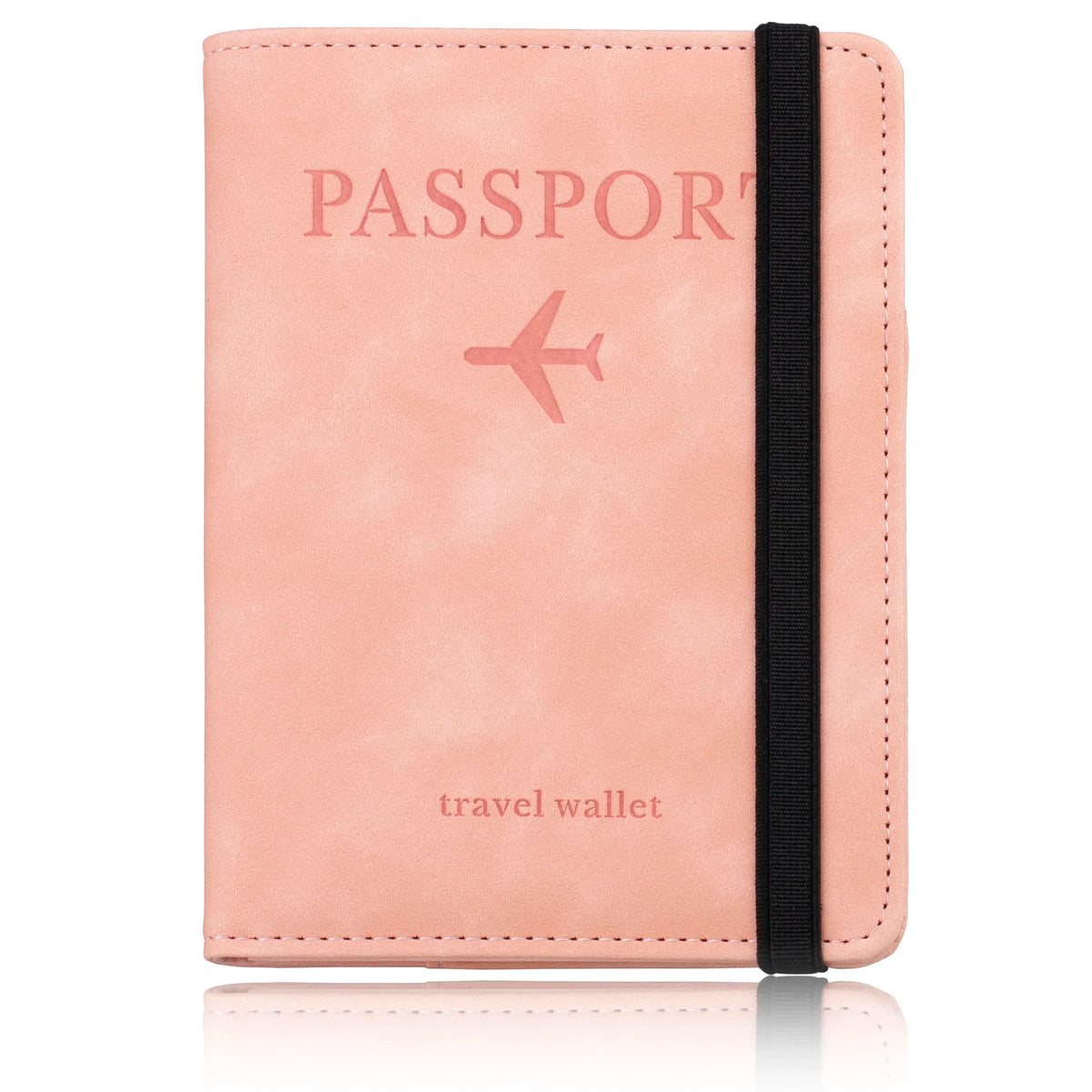 A pink leather passport wallet with a stitched edge and a black strap, featuring the word PASSPORT and travel wallet text.
