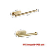 A long gold stainless steel wall-mounted paper towel holder with various dimensions shown.