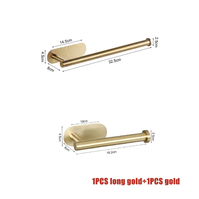 A long gold stainless steel wall-mounted paper towel holder with various dimensions shown.