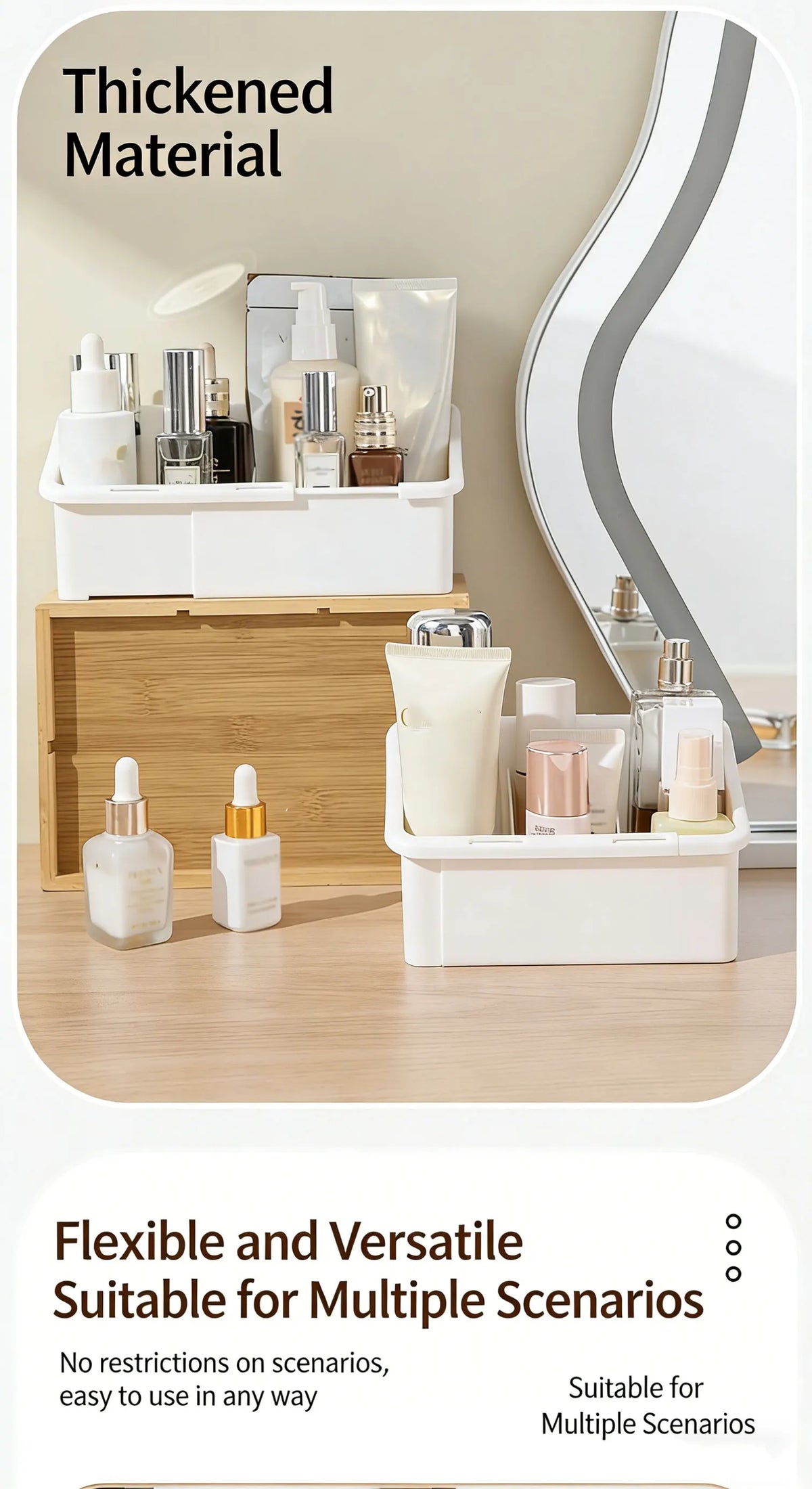 A white cosmetic organizer with multiple compartments is displayed on a wooden surface next to a vanity mirror.