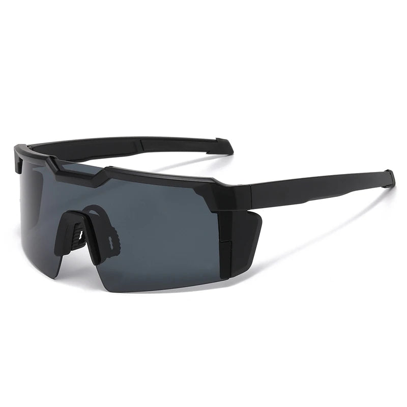 A pair of black polarized sports sunglasses with a flexible strap shown against a white background.