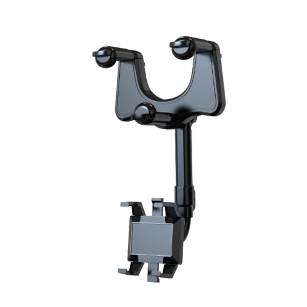 A black universal rearview mirror phone mount with a rotatable arm.