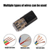 A black electrical connector with multiple types of wires, including single core, multi core, and soft core wires.