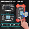 A hand is shown interacting with a 12V intelligent pulse repair charger device, demonstrating various modes for charging.