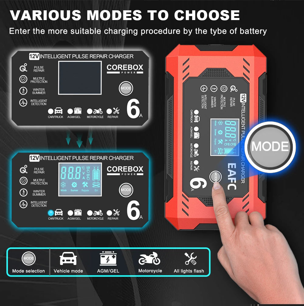 A hand is shown interacting with a 12V intelligent pulse repair charger device, demonstrating various modes for charging.
