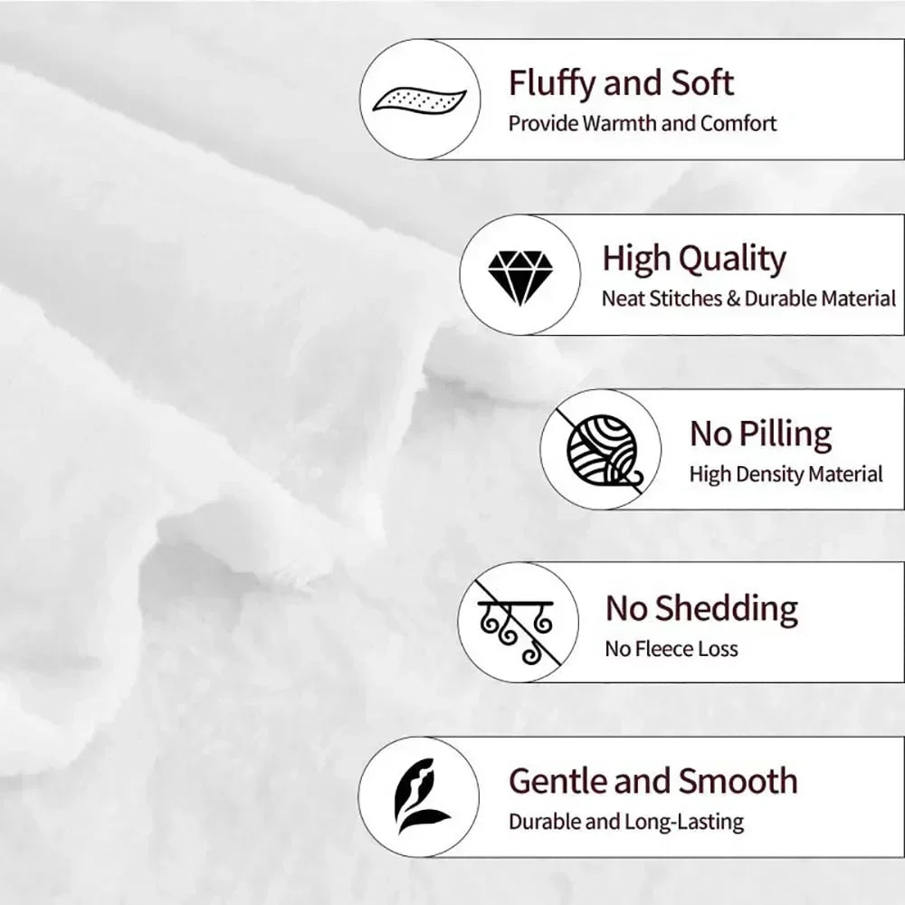 A white fleece throw blanket with various quality features listed on the side.