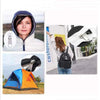 A woman wearing a white hooded jacket is shown next to a black zipper repair kit and an orange tent.