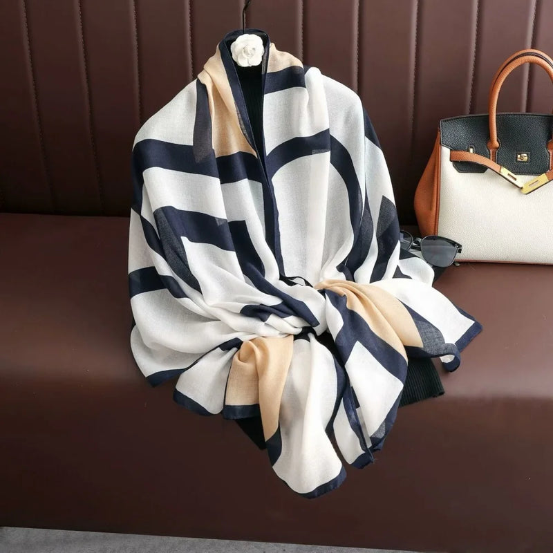 Large Color-Block Cotton-Linen Feel Scarf & Shawl