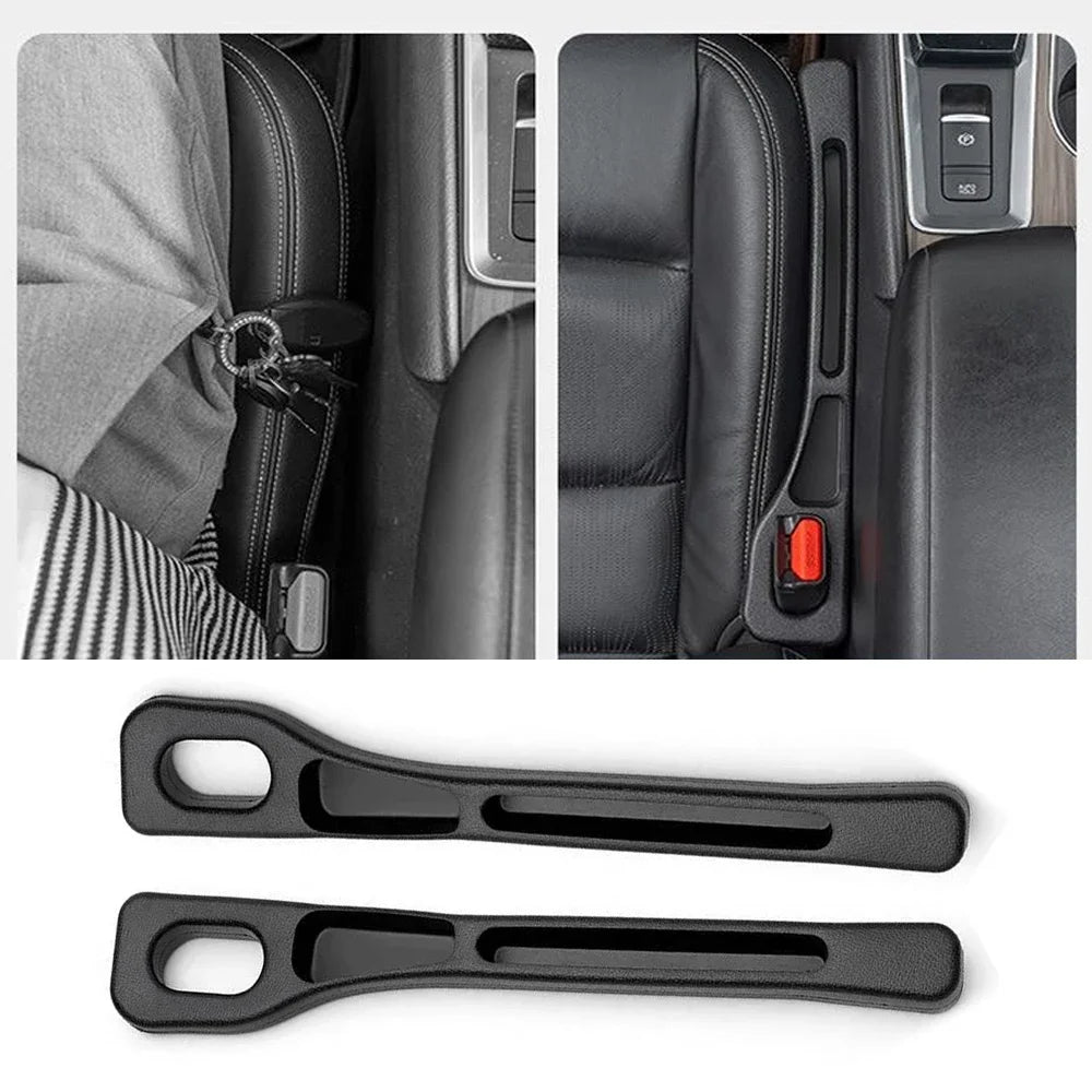 Black universal car seat gap filler and storage organizer with flexible plastic inserts
