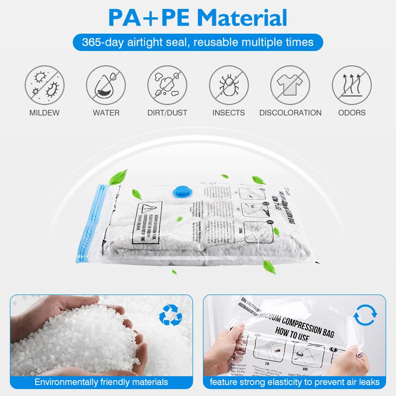 White PA+PE material storage bag for vacuum sealing, showing various features and reusable multiple times.