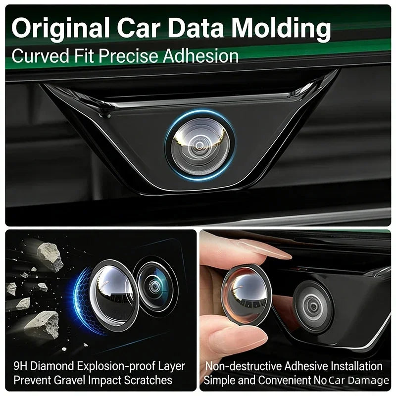 Close-up of a car camera lens protector showing the precision molding and adhesive fit for curved surfaces