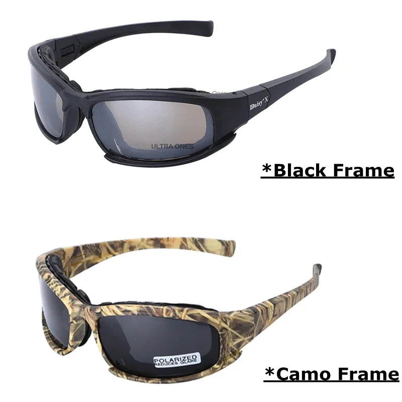 Un par de gafas tácticas polarizadas con montura negra y camuflaje.