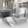 Stacks of white marble self-adhesive wall stickers used as 3D tile decals in a bathroom setting.