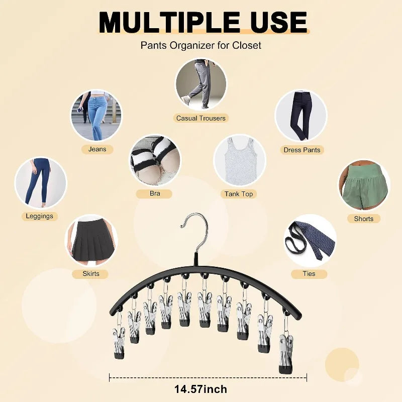 A black metal pant organizer hanger displaying various clothing items like jeans, skirts, and dress pants.