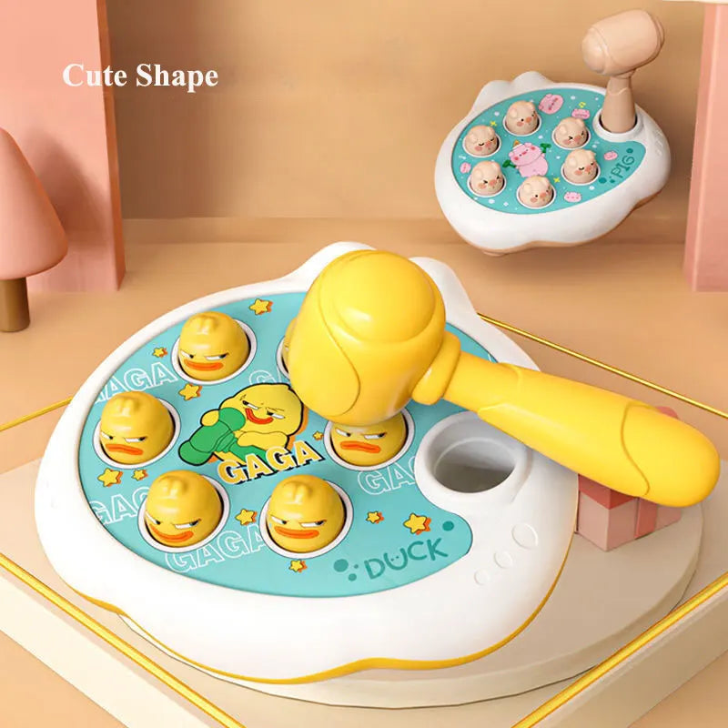 A yellow toddler hammer-pounding toy featuring various animal shapes like a duck, frog, or pig on a white tray.